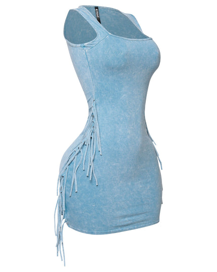 Bodycon blue dress with side tassel trim and vintage wash effect


