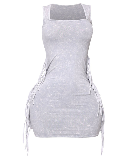 Soft grey acid wash bodycon with bold side tassels

