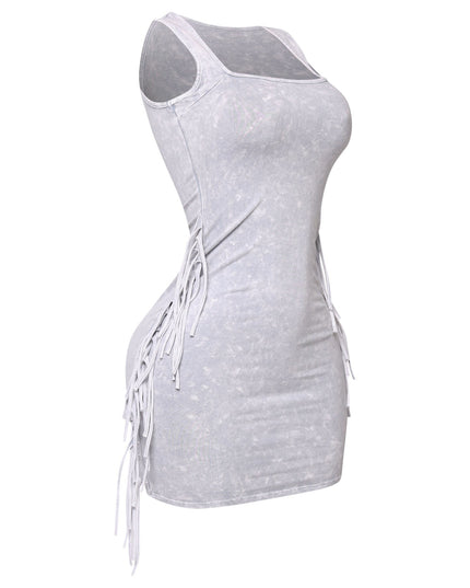 Light grey washed mini dress with fringe side accents

