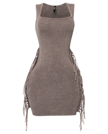 Taupe fringe mini dress with bodycon fit and soft acid wash tone


