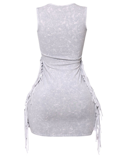 Pale grey mini dress with squared neckline and fringe trim

