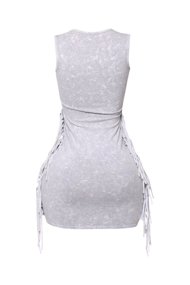 Pale grey mini dress with squared neckline and fringe trim

