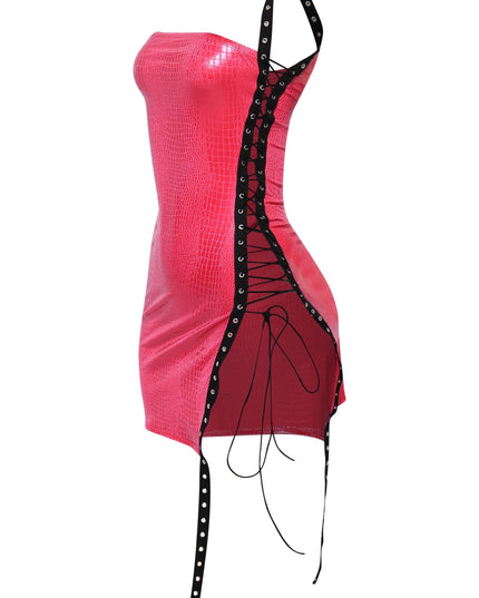 Stretch pink mini dress with bold side grommet lacing and body-hugging shape

