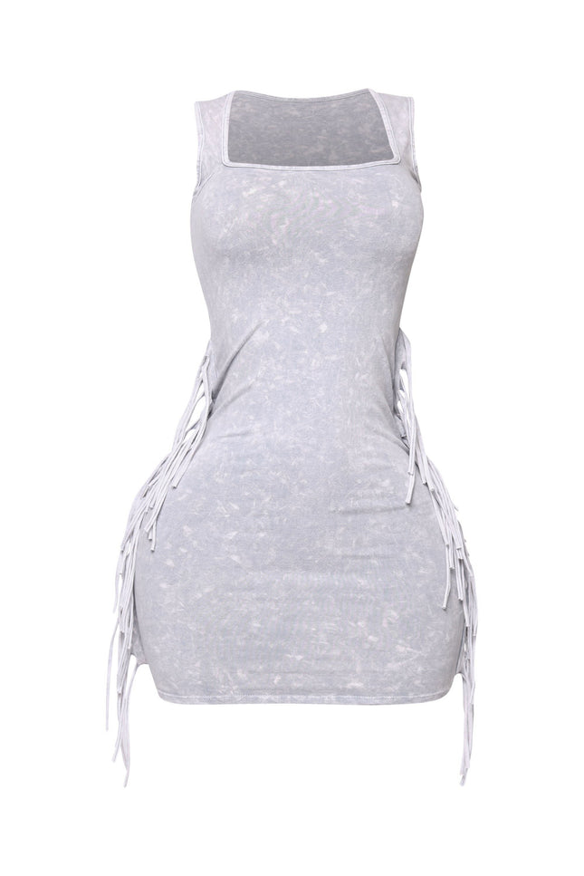 Soft grey acid wash bodycon with bold side tassels

