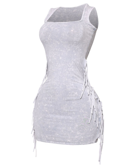 Cool-toned grey fringe dress with stretchy fit and faded finish


