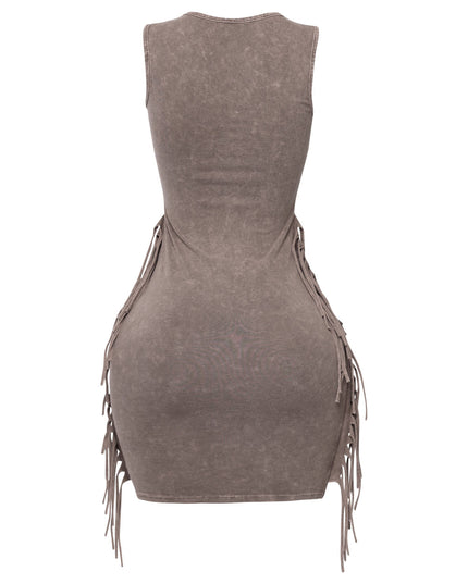 Casual taupe fringe dress in acid wash fabric with clean seams

