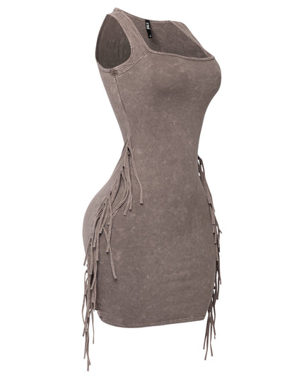 Vintage black mini dress with tassel accents and curve-hugging fit

