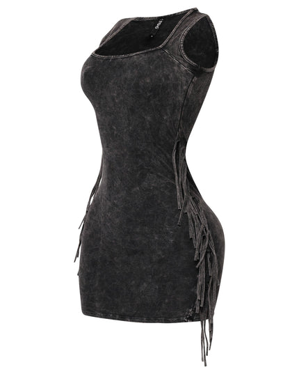 Edgy black fringe dress with raw wash finish and bold style

