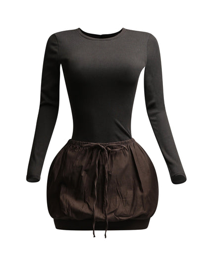 Ribbed long sleeve open back bubble skirt mini dress - Muvin 