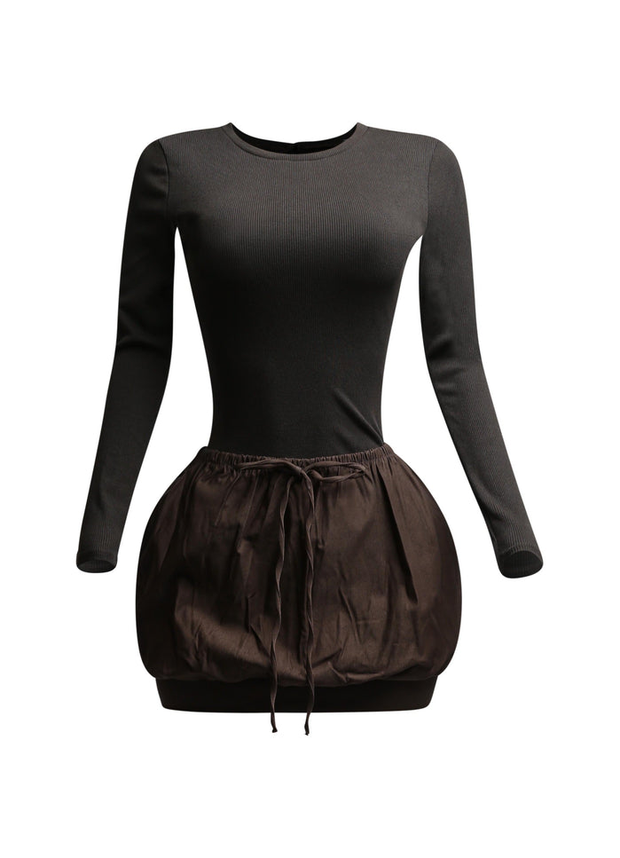 Ribbed long sleeve open back bubble skirt mini dress - Muvin 