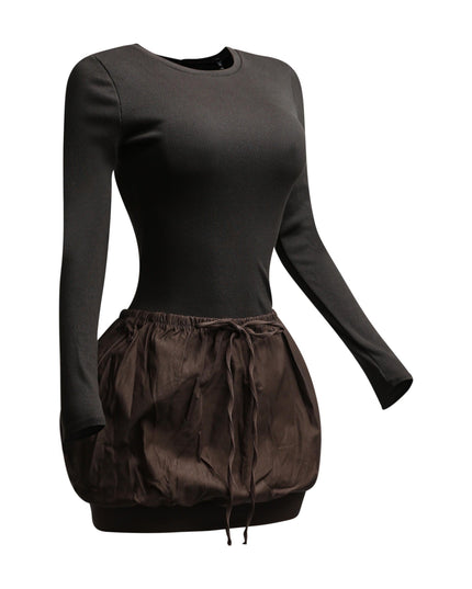 Ribbed long sleeve open back bubble skirt mini dress - Muvin 
