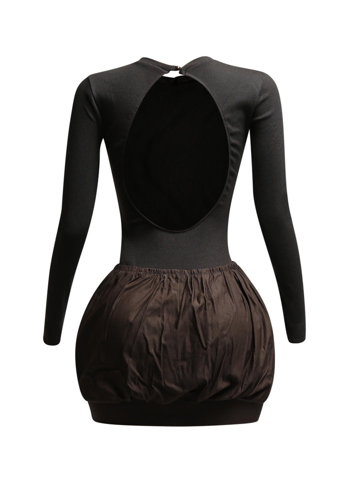 Ribbed long sleeve open back bubble skirt mini dress - Muvin 