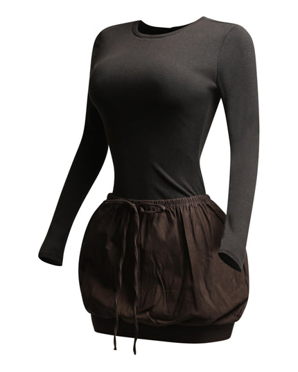 Ribbed long sleeve open back bubble skirt mini dress - Muvin 