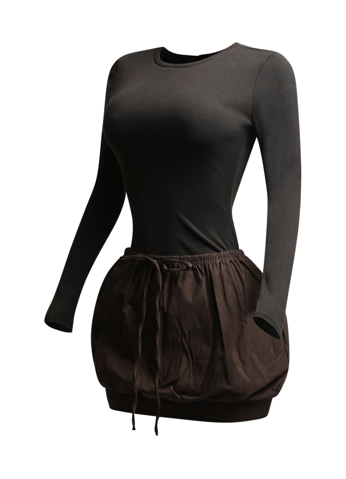 Ribbed long sleeve open back bubble skirt mini dress - Muvin 