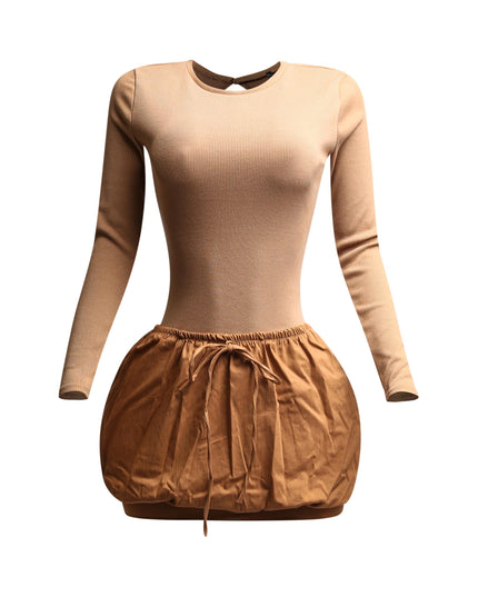 Ribbed long sleeve open back bubble skirt mini dress - Muvin 