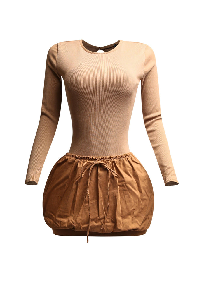 Ribbed long sleeve open back bubble skirt mini dress - Muvin 