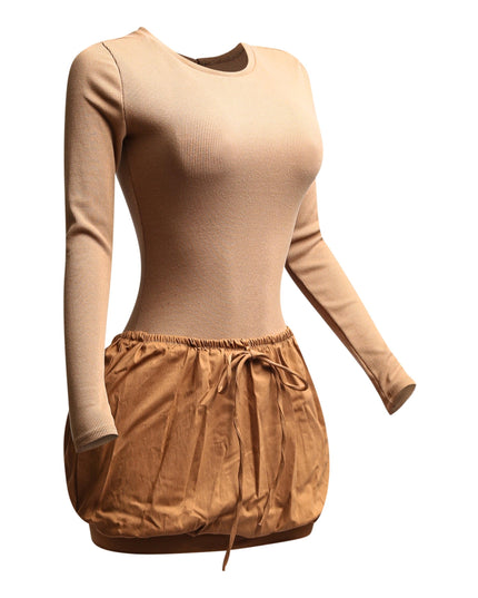 Ribbed long sleeve open back bubble skirt mini dress - Muvin 
