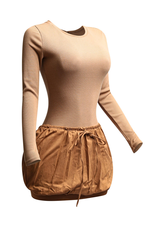 Ribbed long sleeve open back bubble skirt mini dress - Muvin 