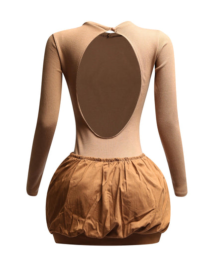 Ribbed long sleeve open back bubble skirt mini dress - Muvin 