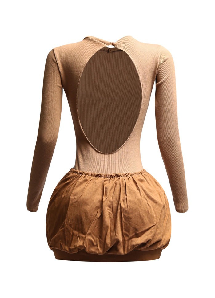 Ribbed long sleeve open back bubble skirt mini dress - Muvin 