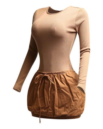 Ribbed long sleeve open back bubble skirt mini dress - Muvin 