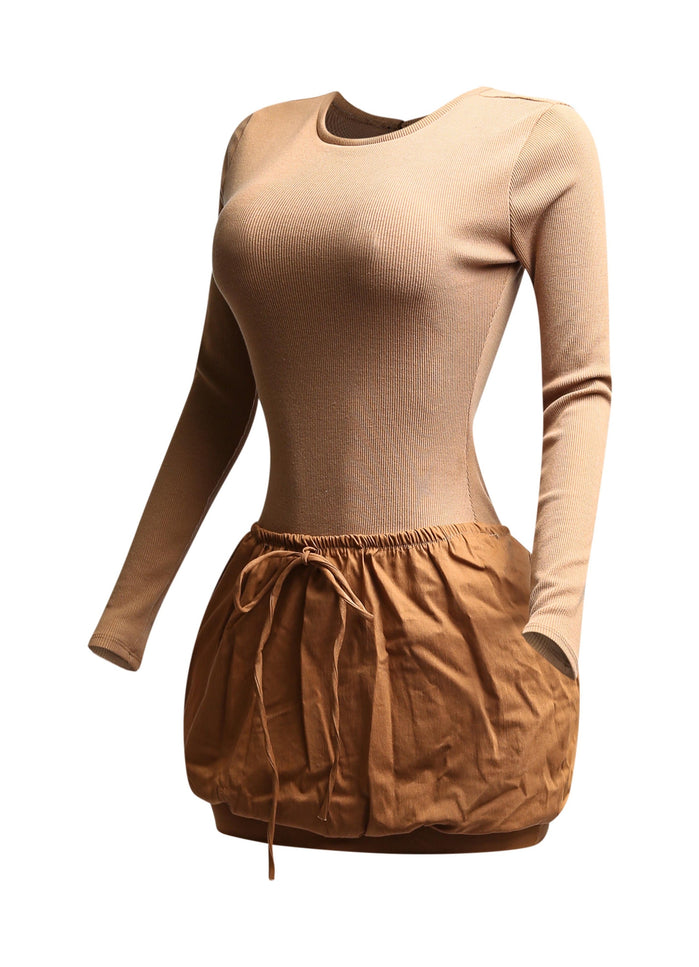 Ribbed long sleeve open back bubble skirt mini dress - Muvin 