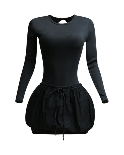 Ribbed long sleeve open back bubble skirt mini dress - Muvin 