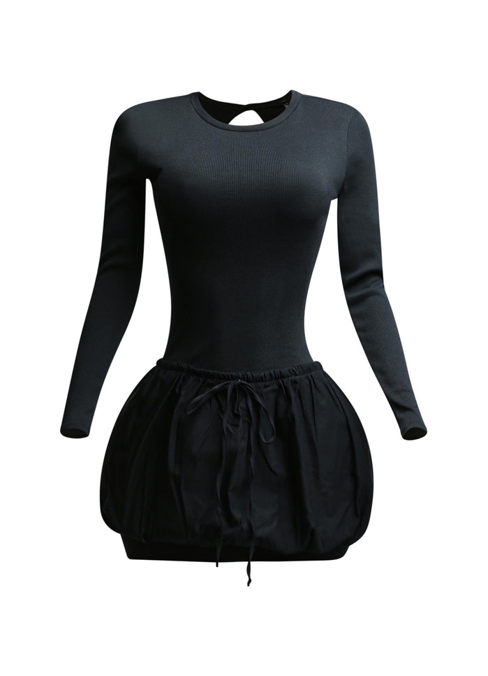Ribbed long sleeve open back bubble skirt mini dress - Muvin 