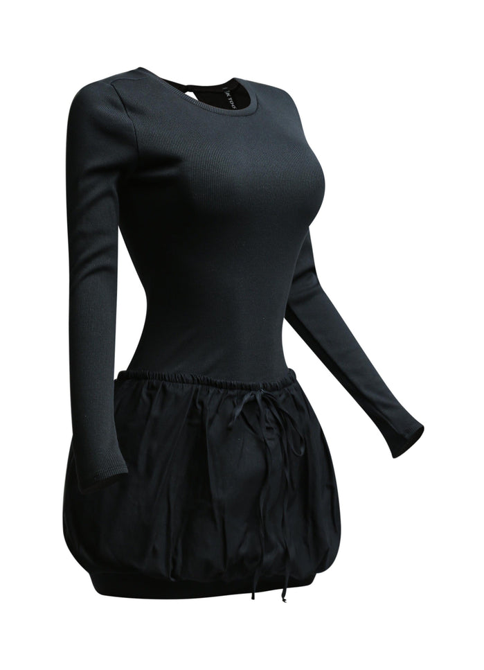Ribbed long sleeve open back bubble skirt mini dress - Muvin 