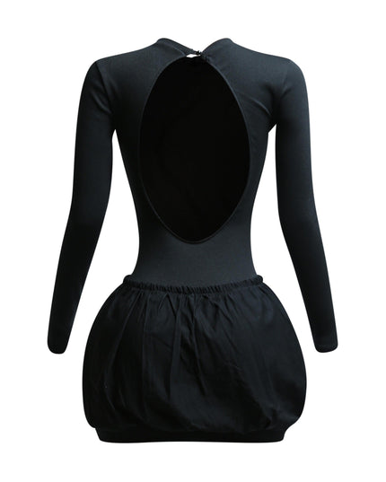 Ribbed long sleeve open back bubble skirt mini dress - Muvin 
