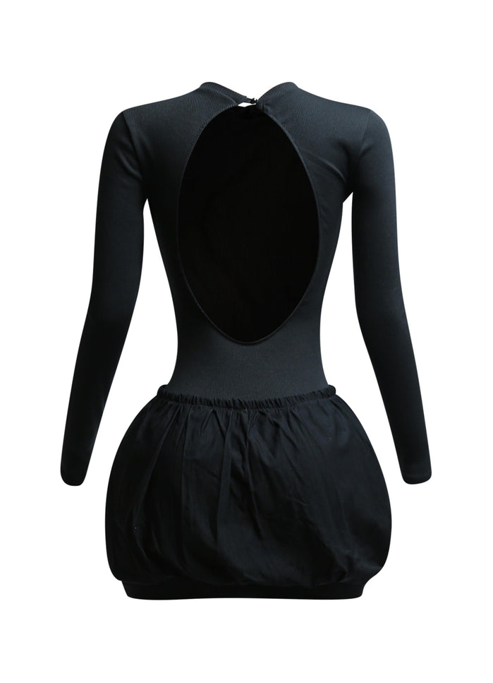 Ribbed long sleeve open back bubble skirt mini dress - Muvin 