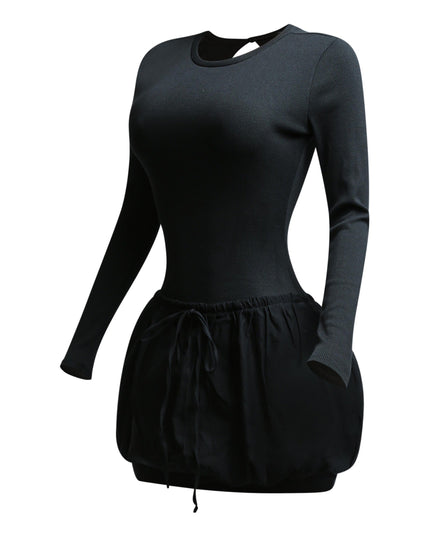 Ribbed long sleeve open back bubble skirt mini dress - Muvin 