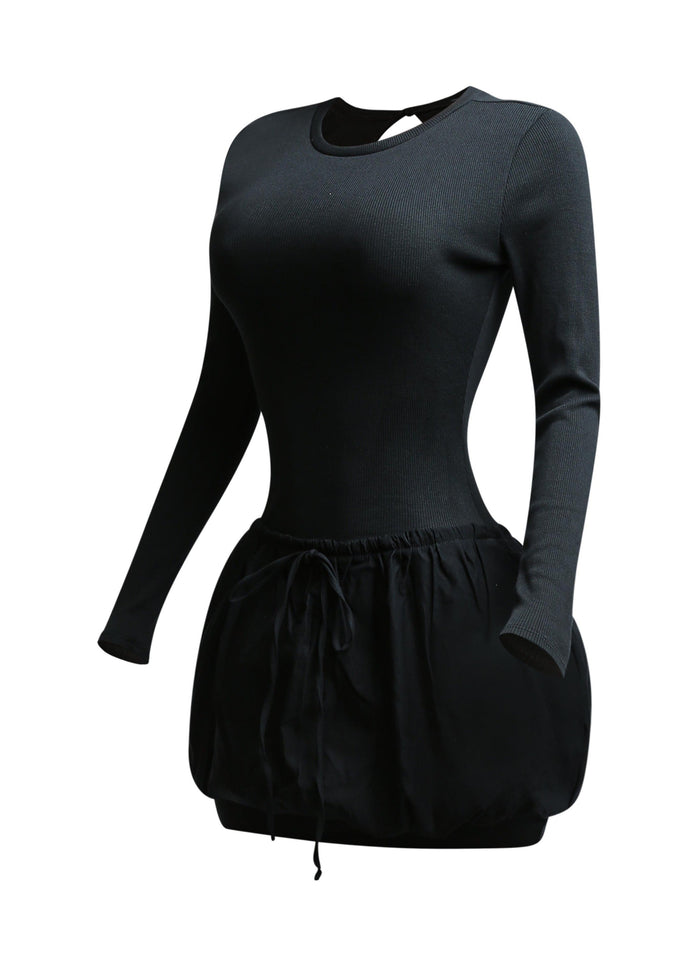Ribbed long sleeve open back bubble skirt mini dress - Muvin 