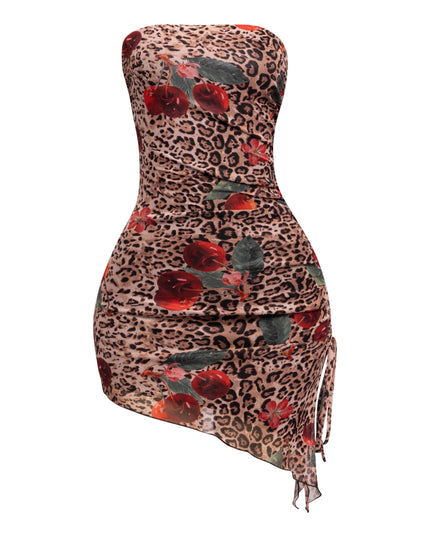 Printed mesh asymmetrical hem tube dress - Muvin 