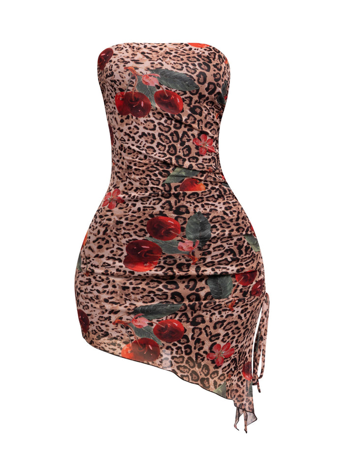 Printed mesh asymmetrical hem tube dress - Muvin 