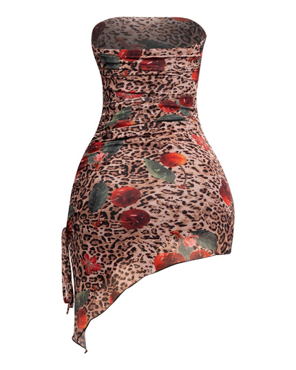 Printed mesh asymmetrical hem tube dress - Muvin 