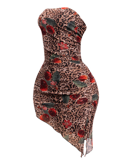 Printed mesh asymmetrical hem tube dress - Muvin 