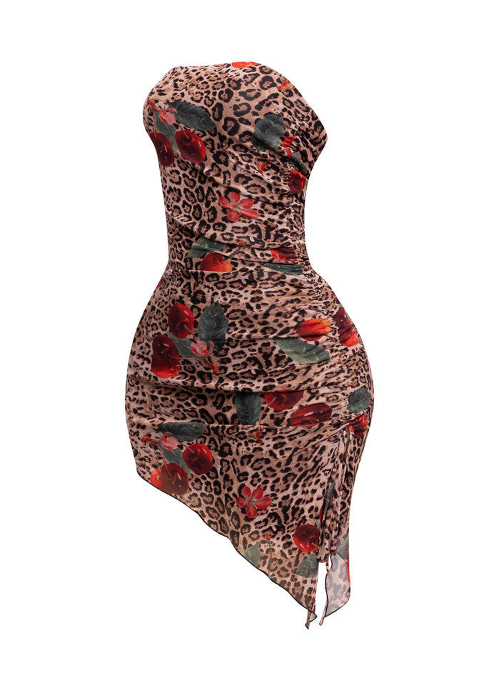 Printed mesh asymmetrical hem tube dress - Muvin 