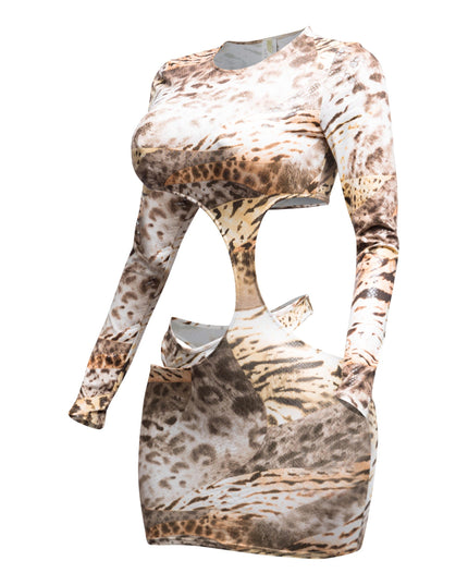 Foil Animal Printed Cut Out Mini Dress - Muvin 