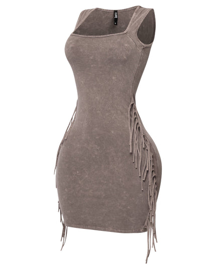 Neutral taupe mini with squared neckline and side tassels

