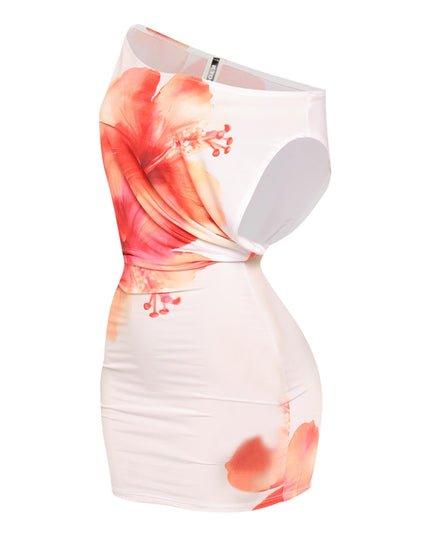 Side angle of white floral mini dress with draped top and body-hugging silhouette

