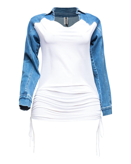 Collared denim yoke dress with spaghetti pull ruching - Muvin 