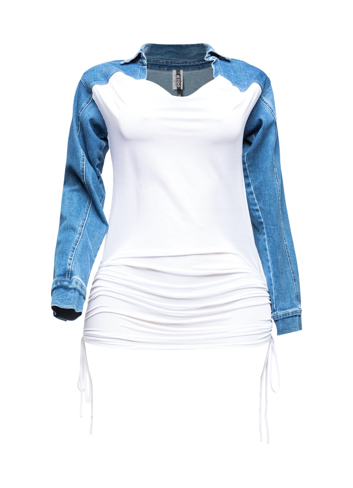Collared denim yoke dress with spaghetti pull ruching - Muvin 