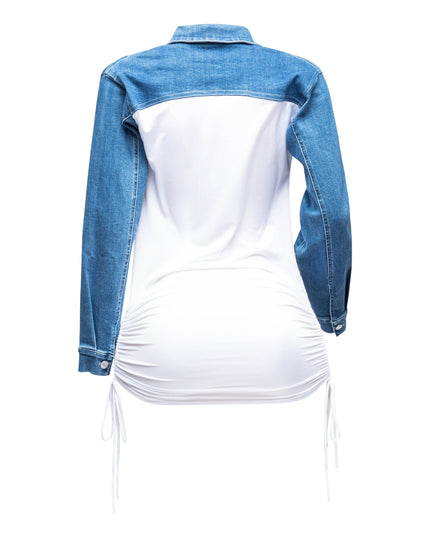 Collared denim yoke dress with spaghetti pull ruching - Muvin 