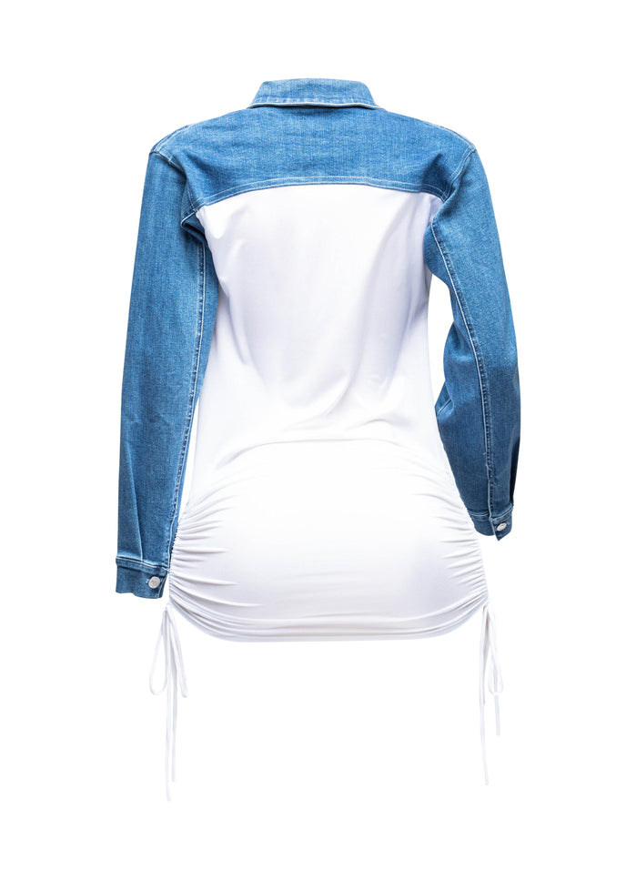 Collared denim yoke dress with spaghetti pull ruching - Muvin 
