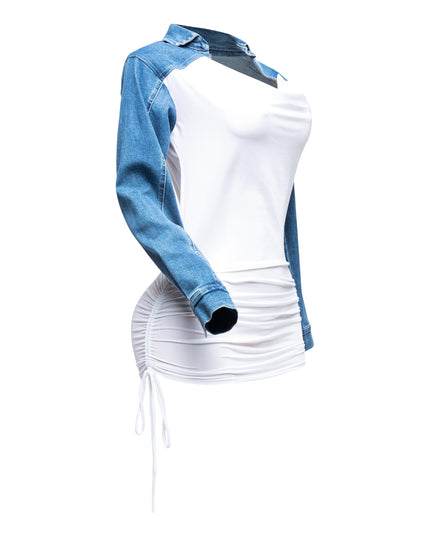 Collared denim yoke dress with spaghetti pull ruching - Muvin 