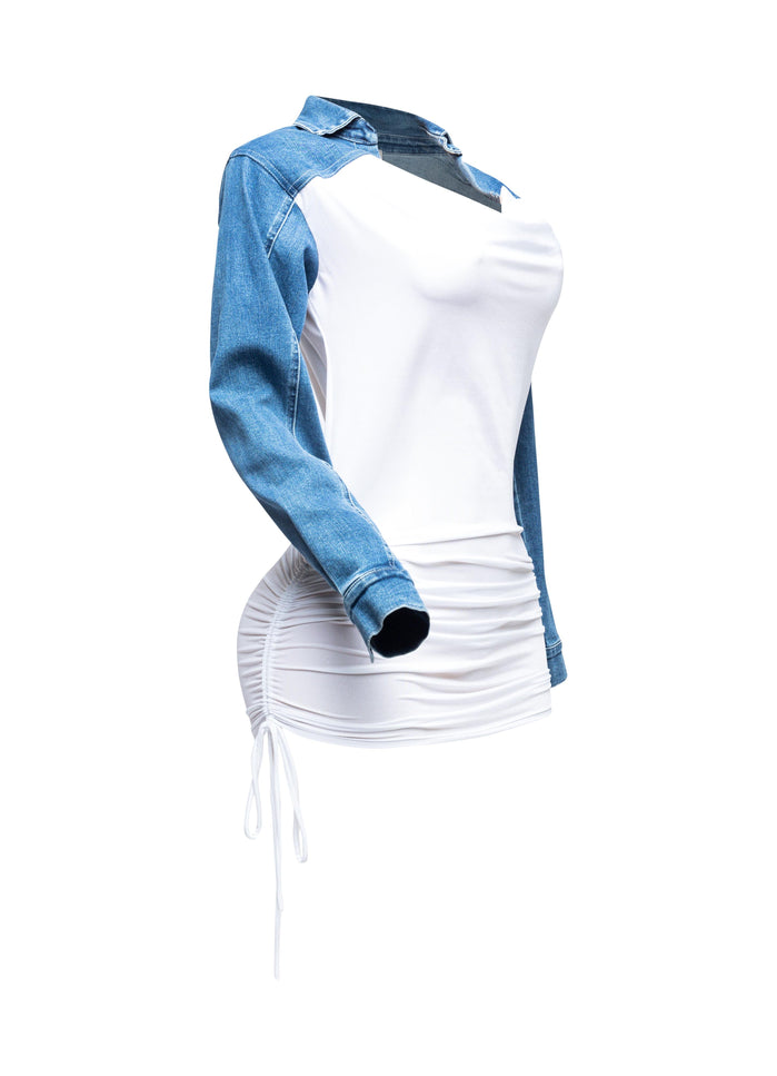 Collared denim yoke dress with spaghetti pull ruching - Muvin 