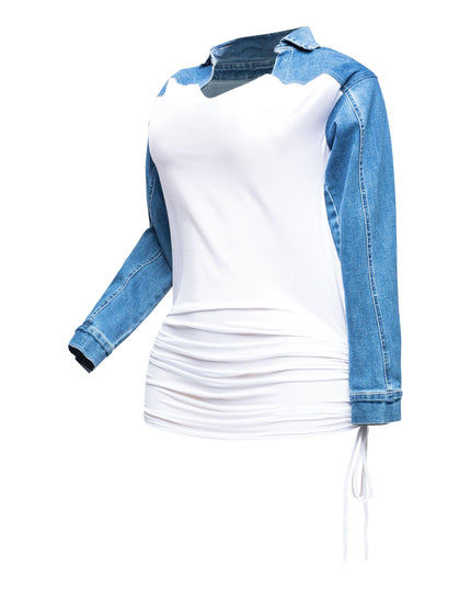 Collared denim yoke dress with spaghetti pull ruching - Muvin 
