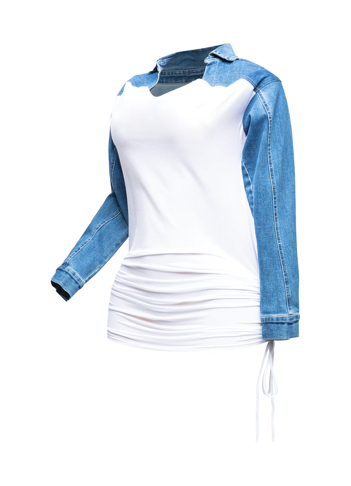 Collared denim yoke dress with spaghetti pull ruching - Muvin 