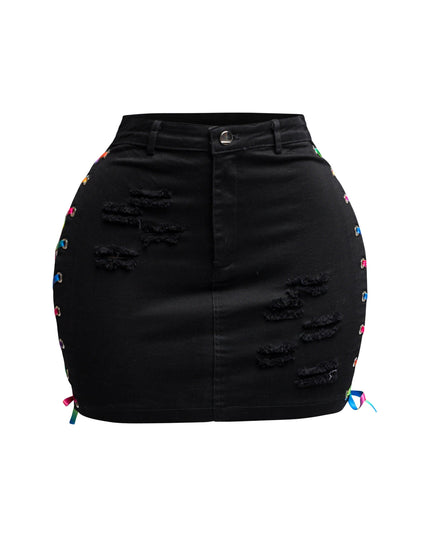 Distressed denim skirt with rainbow shoe lace up - Muvin 